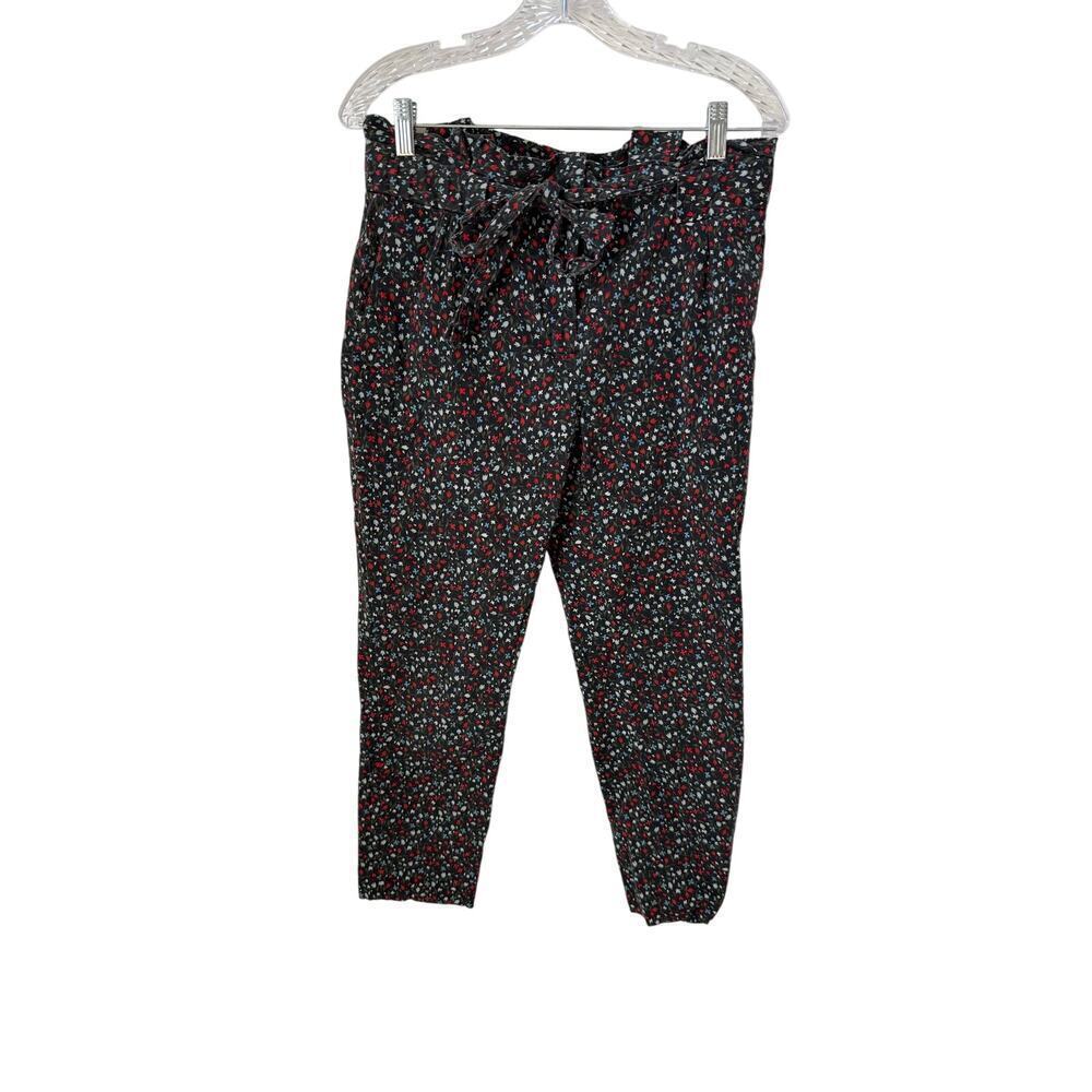Zara Black Multi Ditsy Floral Paperbag Cropped Pants Size Medium